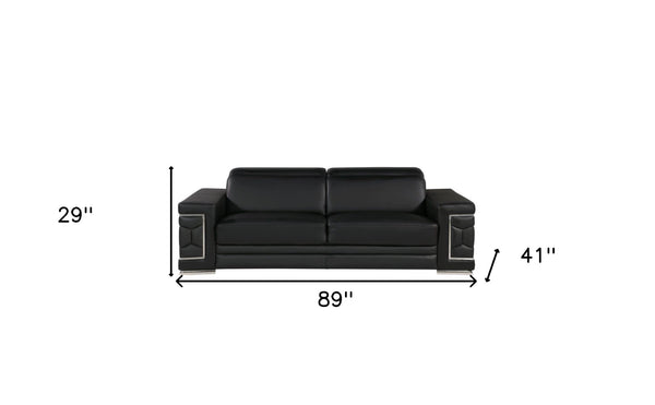 Homeroots 89" Black Leather Sofa With Silver Legs   548984