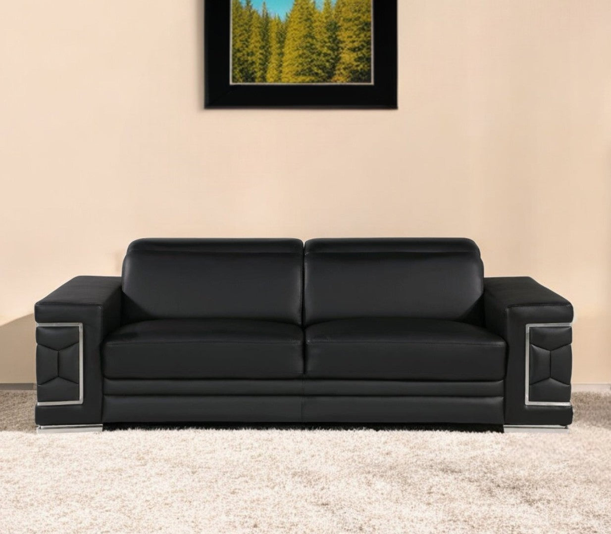 HomeRoots 89" Leather Sofa with Modern Silver Legs – Stylish, Comfortable Seating for Your Living Room Decor BLACK 548984