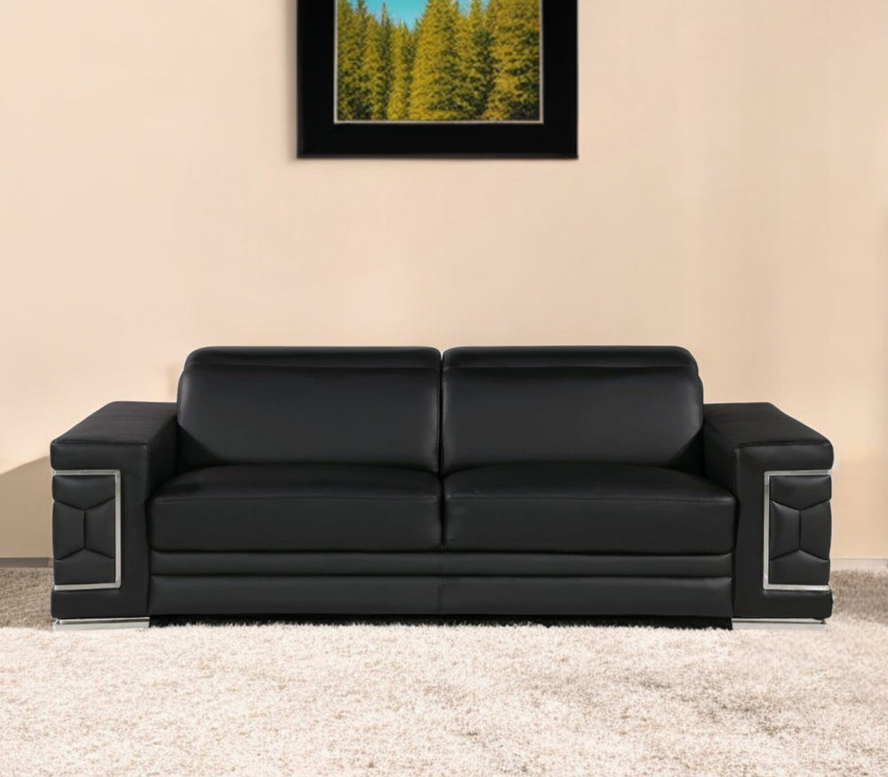 Homeroots 89" Black Leather Sofa With Silver Legs   548984