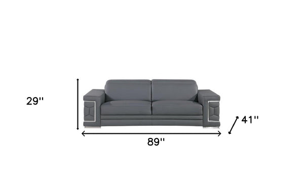 Homeroots 89" Gray Leather Sofa With Silver Legs   548985