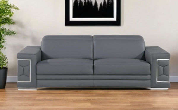 Homeroots 89" Gray Leather Sofa With Silver Legs   548985