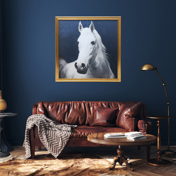 Homeroots Blue And White Majestic Horse Gold Framed Print Wall Art  Canvas 548991
