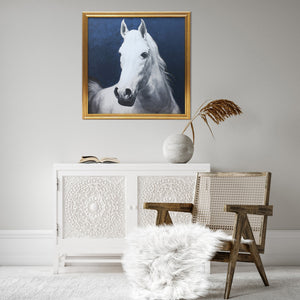 Homeroots Blue And White Majestic Horse Gold Framed Print Wall Art  Canvas 548991