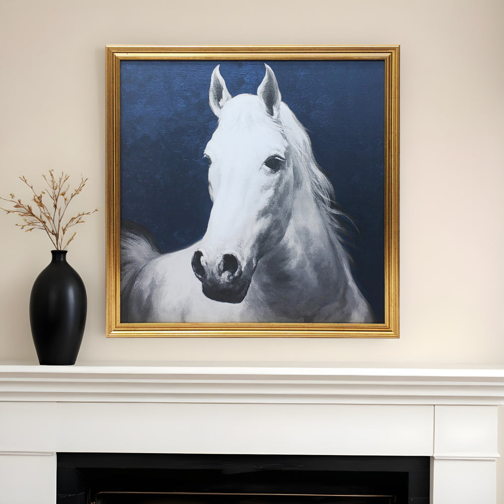 Homeroots Blue And White Majestic Horse Gold Framed Print Wall Art  Canvas 548991