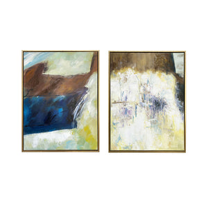 Homeroots Set Of Two Mod Abstract Blue And Ivory Gold Floater Frame Painting Wall Art  Canvas 548992