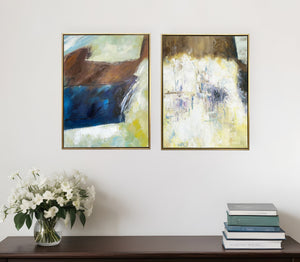 Homeroots Set Of Two Mod Abstract Blue And Ivory Gold Floater Frame Painting Wall Art  Canvas 548992