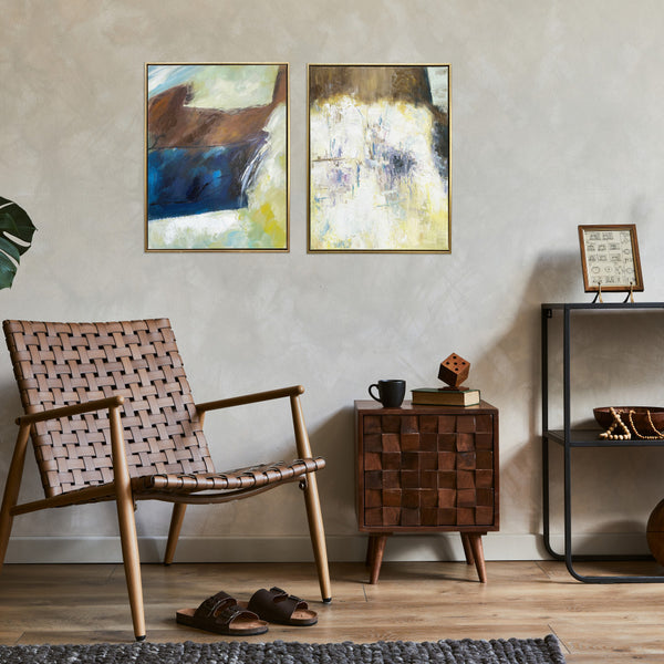 Homeroots Set Of Two Mod Abstract Blue And Ivory Gold Floater Frame Painting Wall Art  Canvas 548992