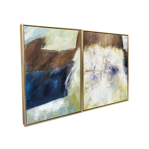 Homeroots Set Of Two Mod Abstract Blue And Ivory Gold Floater Frame Painting Wall Art  Canvas 548992
