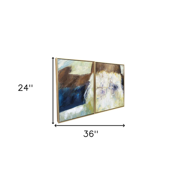 Homeroots Set Of Two Mod Abstract Blue And Ivory Gold Floater Frame Painting Wall Art  Canvas 548992