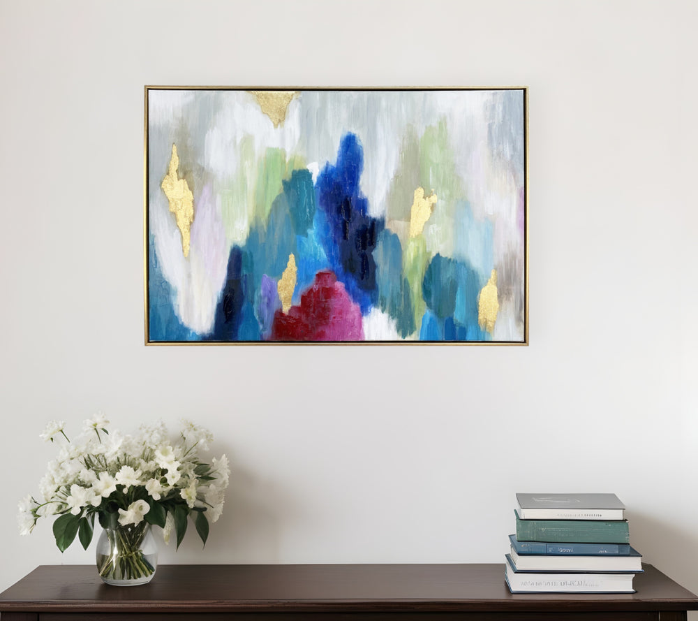 Homeroots Blue And Multi Mod Abstract Gold Floater Frame Wall Art  Canvas 548993