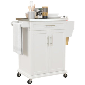 English Elm HOMCOM Kitchen Island Cart with Stainless Steel Top, Wine Rack, Drawer & Rolling Wheels for Easy Storage and Serving Cream White W2225P229694