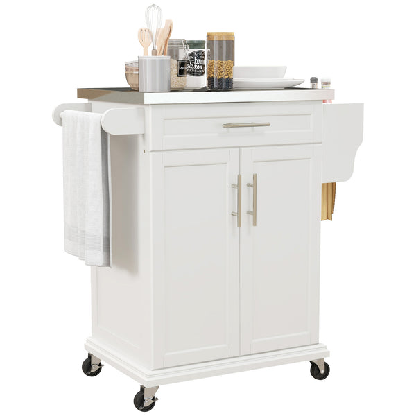 English Elm HOMCOM Kitchen Island Cart with Stainless Steel Top, Wine Rack, Drawer & Rolling Wheels for Easy Storage and Serving Cream White W2225P229694