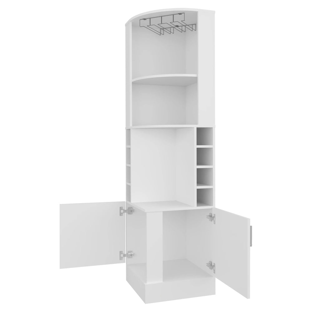 English Elm White Corner Bar Cabinet Tall with Wine Bottle Rack, Built-In Glass Holder, 4 Shelves, Modern Storage B062S00607