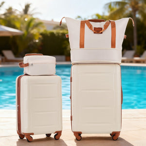 English Elm 2 Piece Abs Hard Shell Spinner Luggage Set with Tsa Lock Expandable Travel Suitcases Khaki+Brown N732P198744K