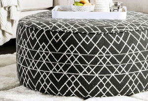 English Elm Contemporary Round Upholstery Ottoman With Elegant Welt Trim - Versatile Black And Ivory Accent Piece B2741P356313
