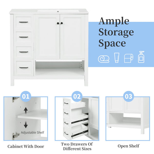 English Elm 36" Freestanding Bathroom Vanity Solid Wood Mdf Cabinet Ceramic Undermount Sink Open Shelf White N725P364203K