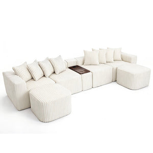 English Elm [new U-shaped Corduroy Sectional with Usb Charging Console and Movable Modules Beige W2108S00176