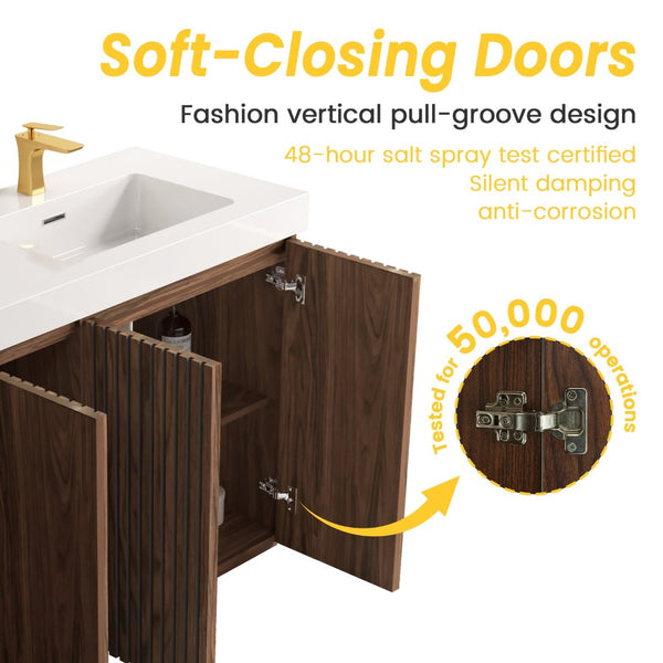 English Elm Emilia 60 Inch Freestanding Oak Vanity with Ceramic Sink and Soft Close Drawers Walnut Brown W1865S00243