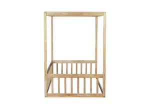 English Elm Twin Canopy Floor Bed Rubberwood Frame with Fence Guardrails for Kids Bedroom Natural W504P351804