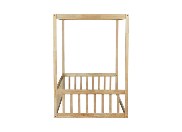 English Elm Twin Canopy Floor Bed Rubberwood Frame with Fence Guardrails for Kids Bedroom Natural W504P351804