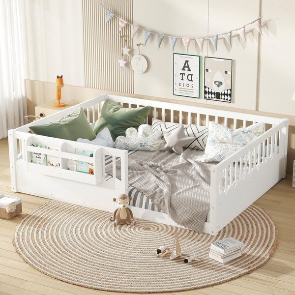 English Elm Queen Low Profile Kids Floor Bed with Guardrails Bookshelf and Pine Wood Frame White W1580P373142