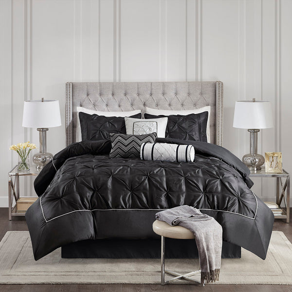 JLA Home Madison Park - 7 Tufted Comforter Set Madison Park Laurel — 7-Piece True Black Polyester Luxury, Textured, Easy-Care Bedding MP10-3281