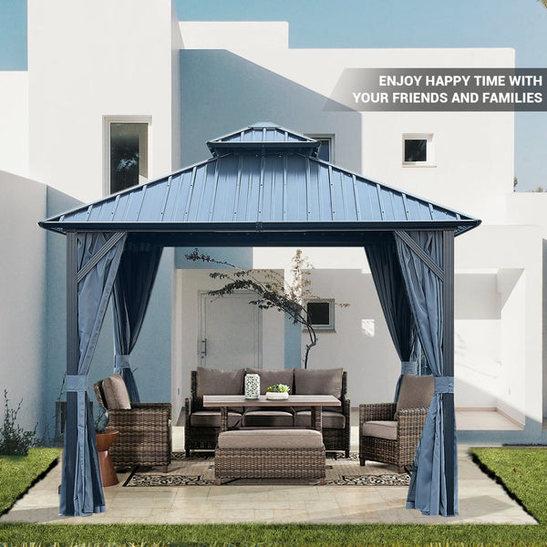 English Elm 10' Hardtop Gazebo 10' X 10' Double Roof with Skylight, Aluminum Frame, Curtains & Mosquito Netting W765S00001
