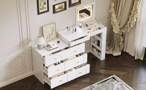 English Elm Vanity LED Mirror Desk with Flip-Top Dual Function, 7 Drawers & Multiple Shelves for Organized Glam White 32.28 L x 19.69 W x 8.86 H N733S363650K
