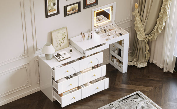 English Elm Vanity LED Mirror Desk with Flip-Top Dual Function, 7 Drawers & Multiple Shelves for Organized Glam White 32.28 L x 19.69 W x 8.86 H N733S363650K