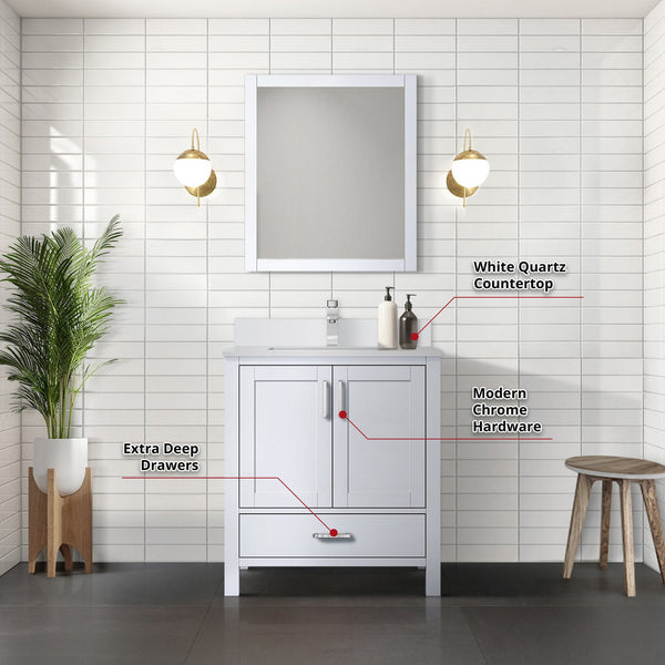 English Elm White Bath Vanity 30" W x 22" D with White Quartz Scratch-Resistant Top, Chrome Faucet & 28" Mirror B2731S01249