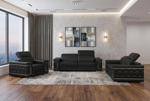 Three Piece Genuine Black Leather Sectional Sofa Set for Six in Living Room