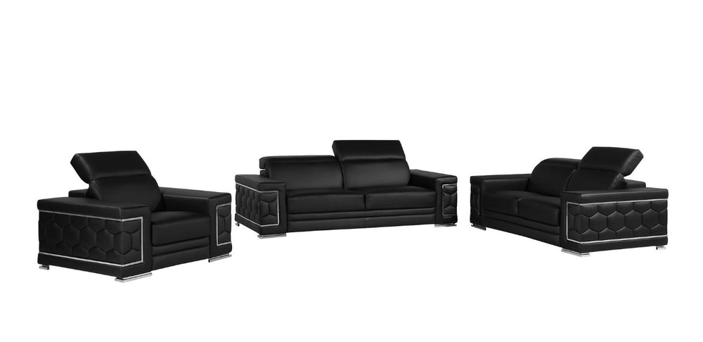 HomeRoots Three Piece Genuine Black Leather Sectional Sofa Set for Six in Living Room 549003
