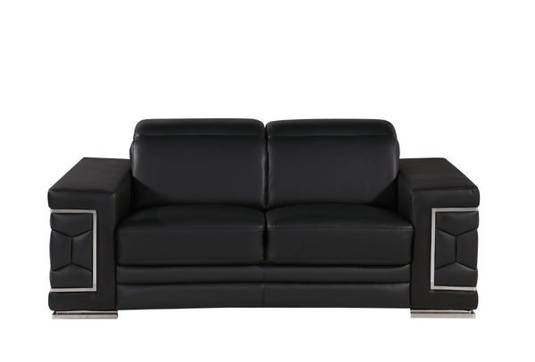 Three Piece Genuine Black Leather Sectional Sofa Set for Six in Living Room