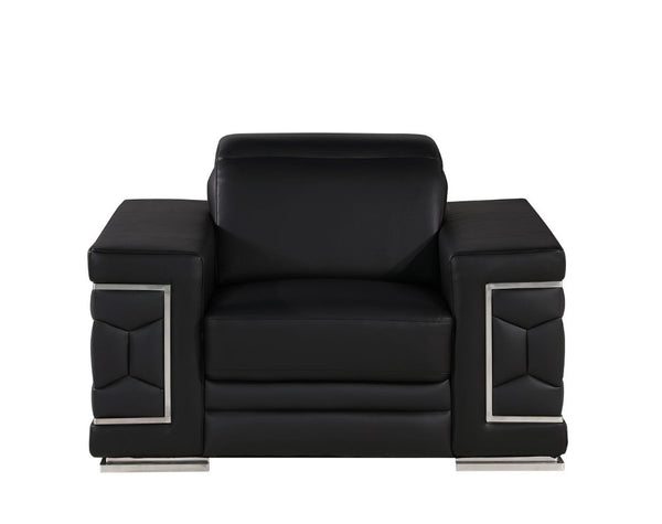 Three Piece Genuine Black Leather Sectional Sofa Set for Six in Living Room