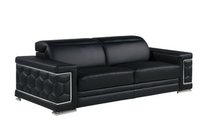 Three Piece Genuine Black Leather Sectional Sofa Set for Six in Living Room