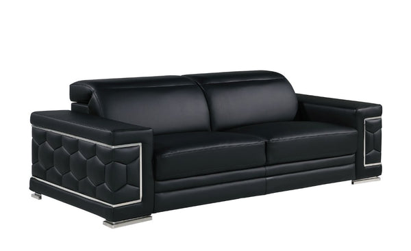 Three Piece Genuine Black Leather Sectional Sofa Set for Six in Living Room