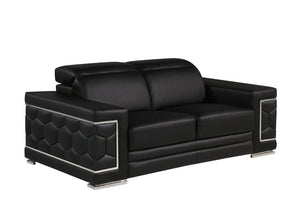 Three Piece Genuine Black Leather Sectional Sofa Set for Six in Living Room