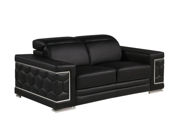 Three Piece Genuine Black Leather Sectional Sofa Set for Six in Living Room