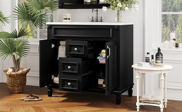 English Elm 36'' Modern Bathroom Vanity With Black Ceramic Top, Soft Closing Doors & Drawers For Stylish Storage N710P230231B