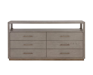 Sunpan Danette Dresser - Sleek Grey Oak Design with Warm Brass Accents & Open Shelf for Stylish Storage Solutions