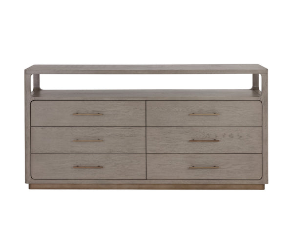 Sunpan Danette Dresser - Sleek Grey Oak Design with Warm Brass Accents & Open Shelf for Stylish Storage Solutions