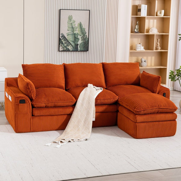 English Elm L Shaped Corduroy Modular Sectional with Cloud Cushions Footstool and Lumbar Pillows Orange W395S00137