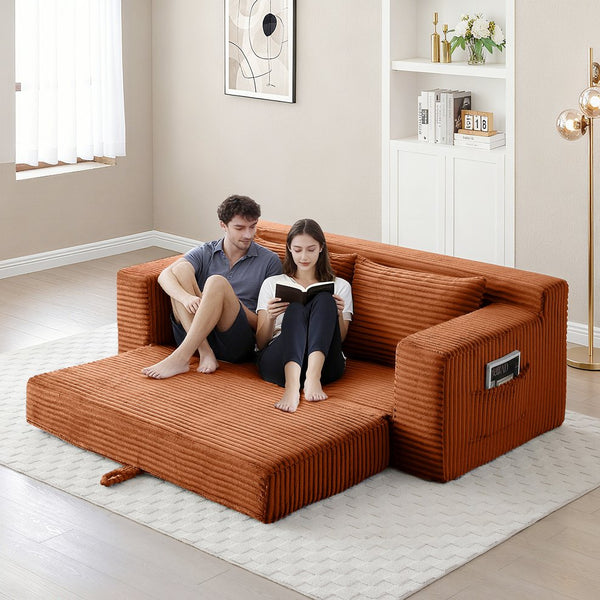 English Elm Memory Foam Cloud Loveseat with Pull-Out Bed, Convertible Floor Sofa Bed for Small Spaces and Guests Orange W2677P395124