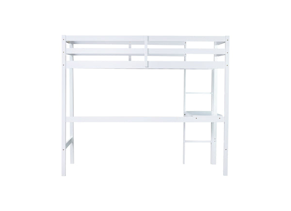 English Elm Twin High Loft Bed with Built-In Desk and Ladder — Space-Saving Rubberwood Study & Sleep Solution White W504P206979