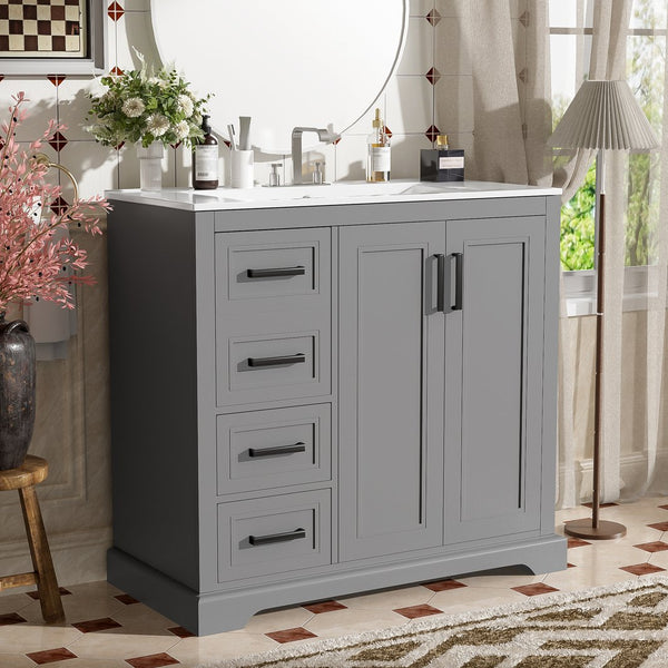 English Elm 36" Modern Bathroom Vanity with Ceramic Sink, Soft-Close Doors, 3 Drawers & Ample Storage for Small Baths Gray N729P280194E