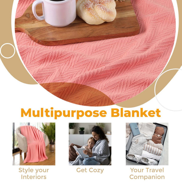 Homeroots California King Coral Cotton Woven Chevron Blanket - Soft, Stylish Comfort For Year-round Sleep  Cotton 549219