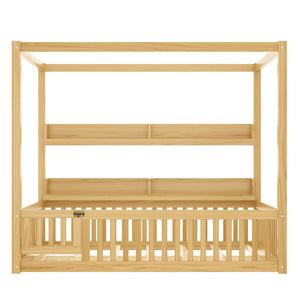 English Elm Full House Floor Bed with Door and Guardrails for Kids, Solid Wood Double Full, Safe Play Nook Natural W1580P359334