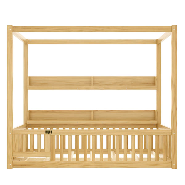 English Elm Full House Floor Bed with Door and Guardrails for Kids, Solid Wood Double Full, Safe Play Nook Natural W1580P359334