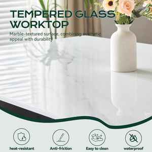 English Elm 69.30 Inch Rectangular Dining Table Marble Pattern Top with Polished Steel Legs Seats Six W3357S00002