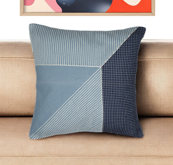 Homeroots 24" Blue And White Geometric Cotton Throw Pillow With Embroidery Blue,White  549399